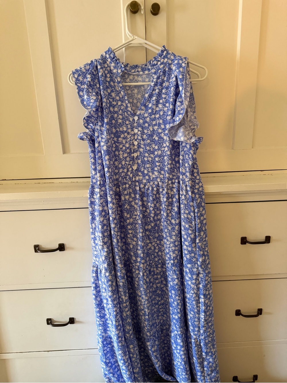 Blue Floral Ruffle-Sleeve Casual Maxi Dress